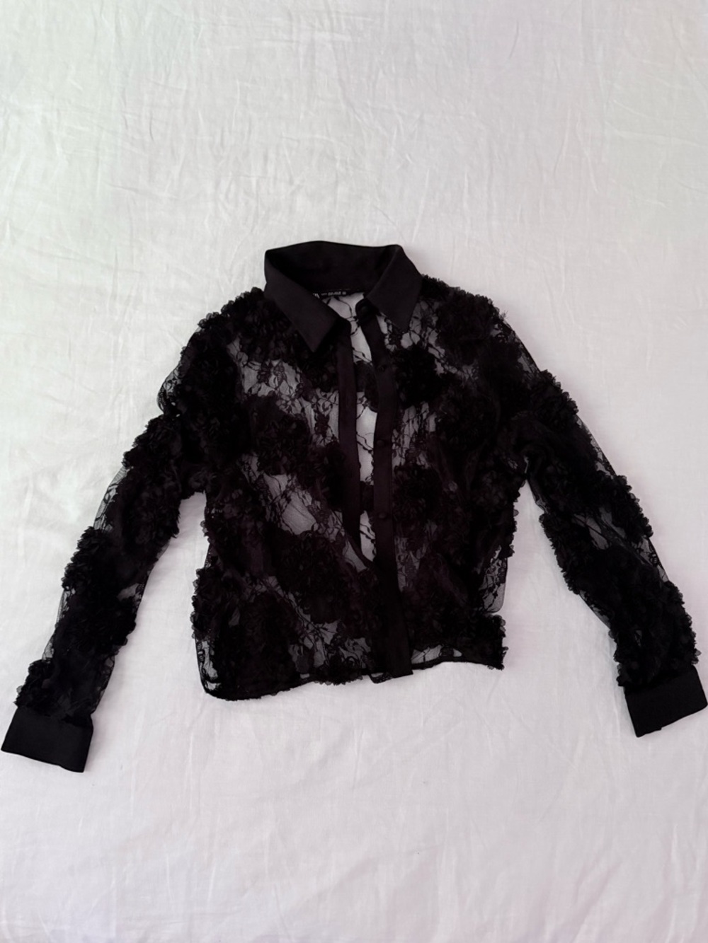 Zara Black Sheer Floral Lace Button-Front Blouse